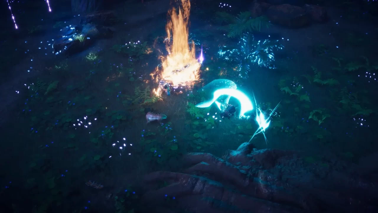 A frantic forest battle with an enemy on fire as a human player swings a glowing weapon.