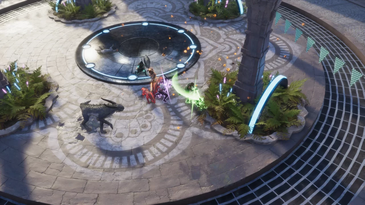 A party fighting several four-legged beasts in the city arena.