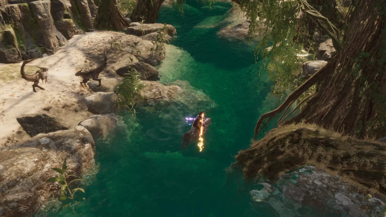 A human player mounted on a beast swimming up a river near a forest in Coridden.