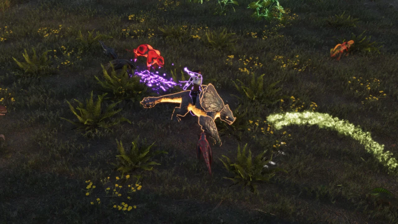 A human player riding an armored dinosaur-like beast in Coridden.