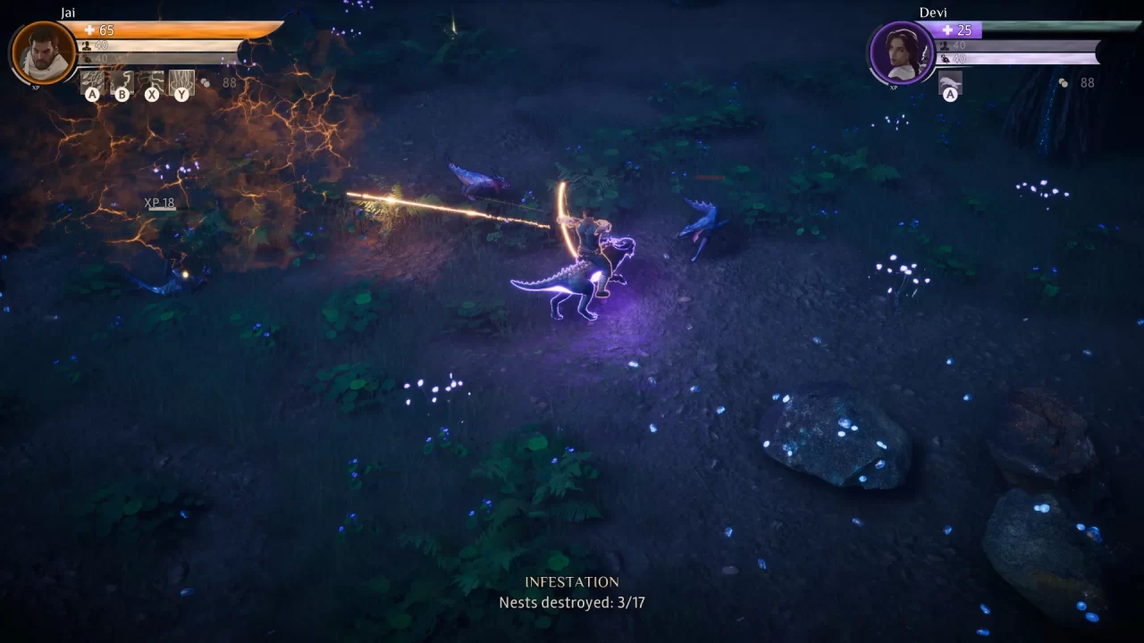 A human player mounted on a dinosaur-like shifted player, firing a bow and arrow at an enemy.