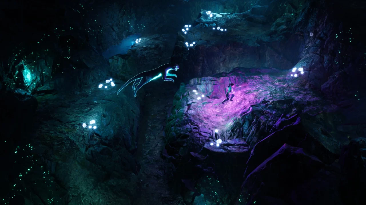 A dark cave with glowing plant life where a Panteliz is leaping across a gap.