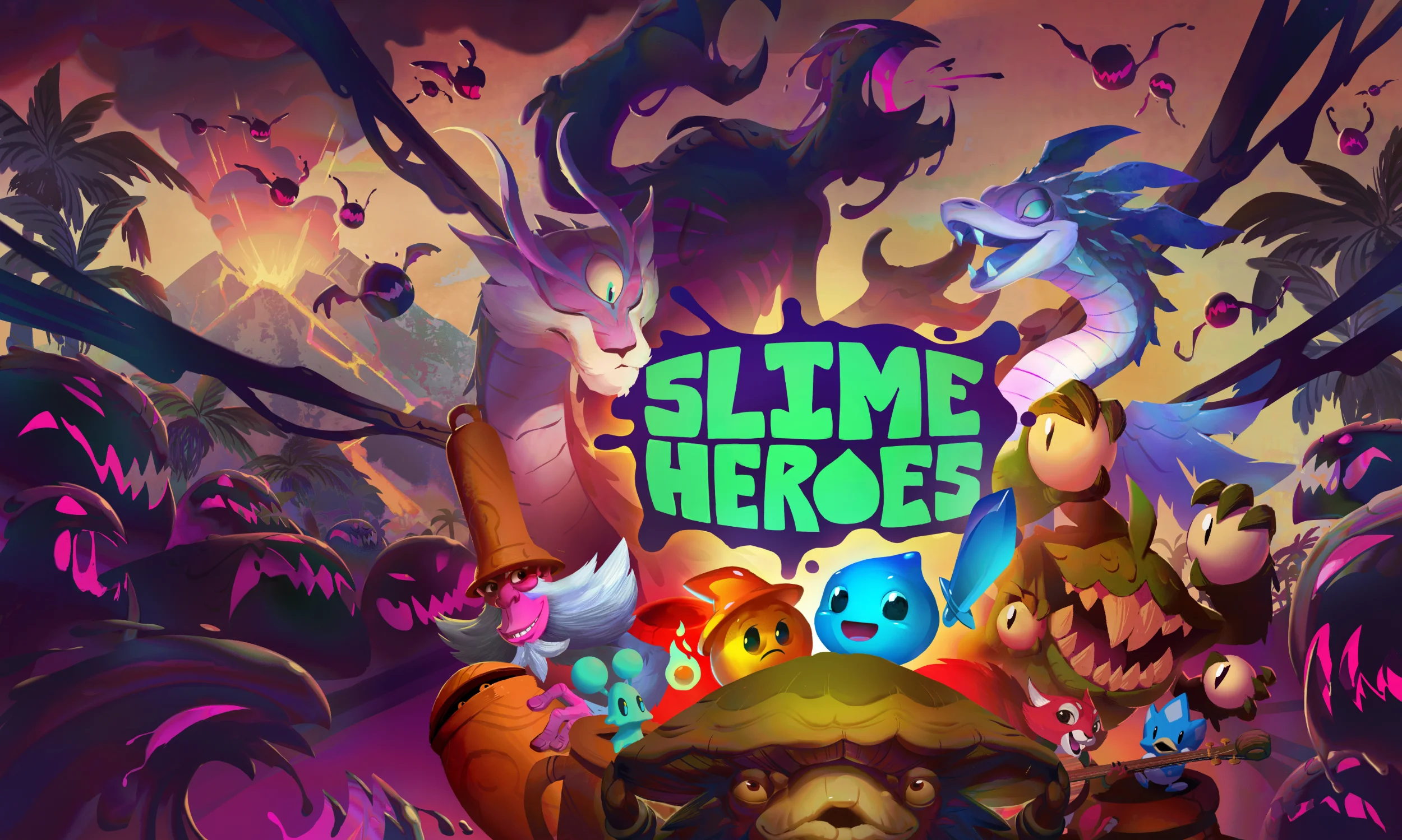 Slime Heroes art of two slime buddies surrounded by helpful spirits and corrupted slimy beasts