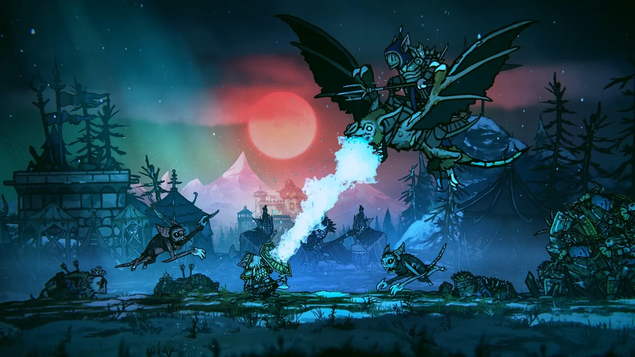 Arlo the rat fights against an army of bats against a blood moon backdrop. A giant bat breathes icy fire at Arlo. 