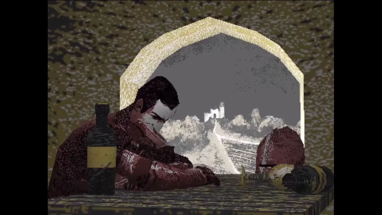 An image from a cinematic in Felvidek where a knight sits at a desk with a bottle of wine and a helmet. 