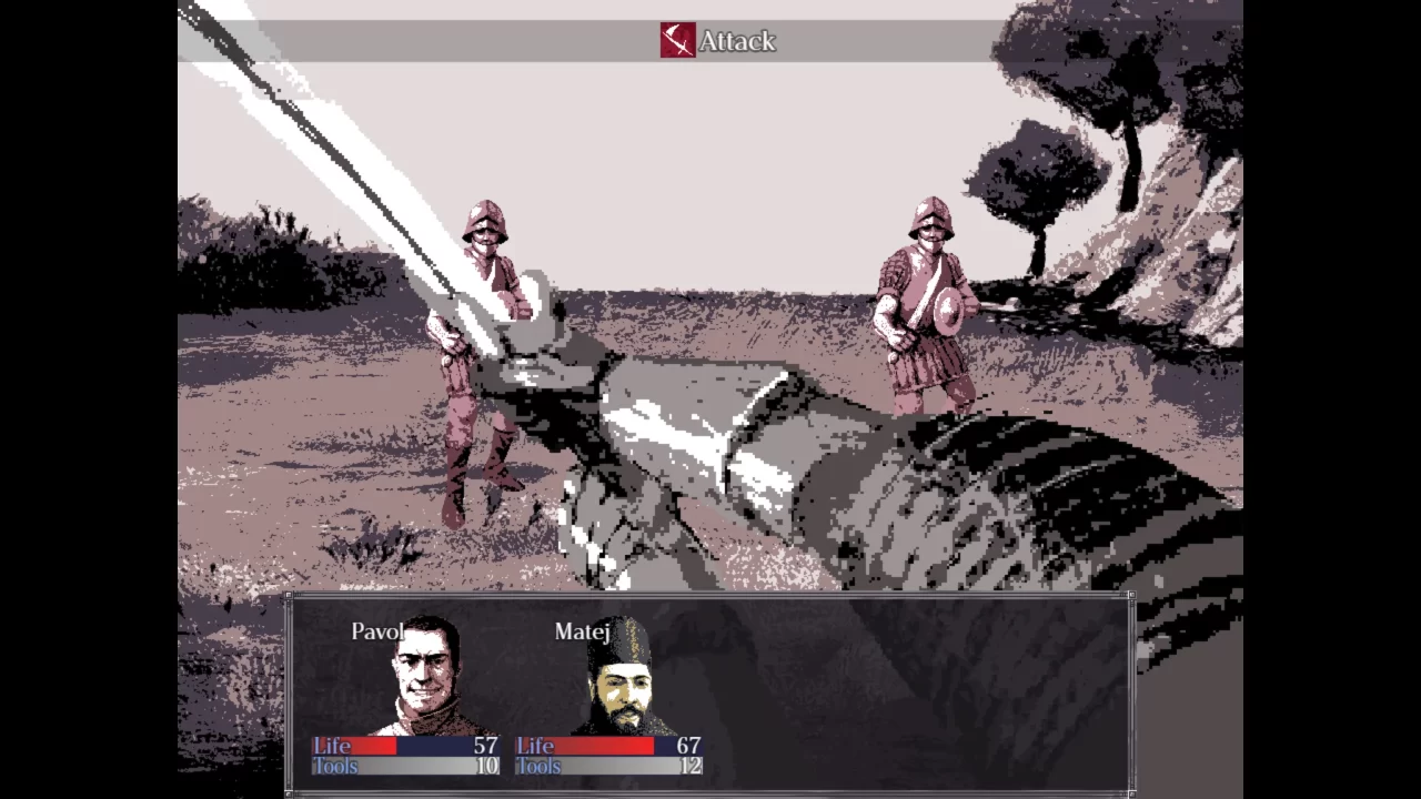 A screen from Felvidek's first-person combat where an arm with a sword slashes towards enemies.