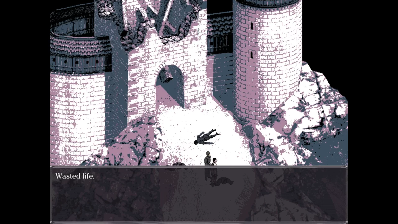 Flavor text over a corpse the player examines reads "Wasted life" in Felvidek. 