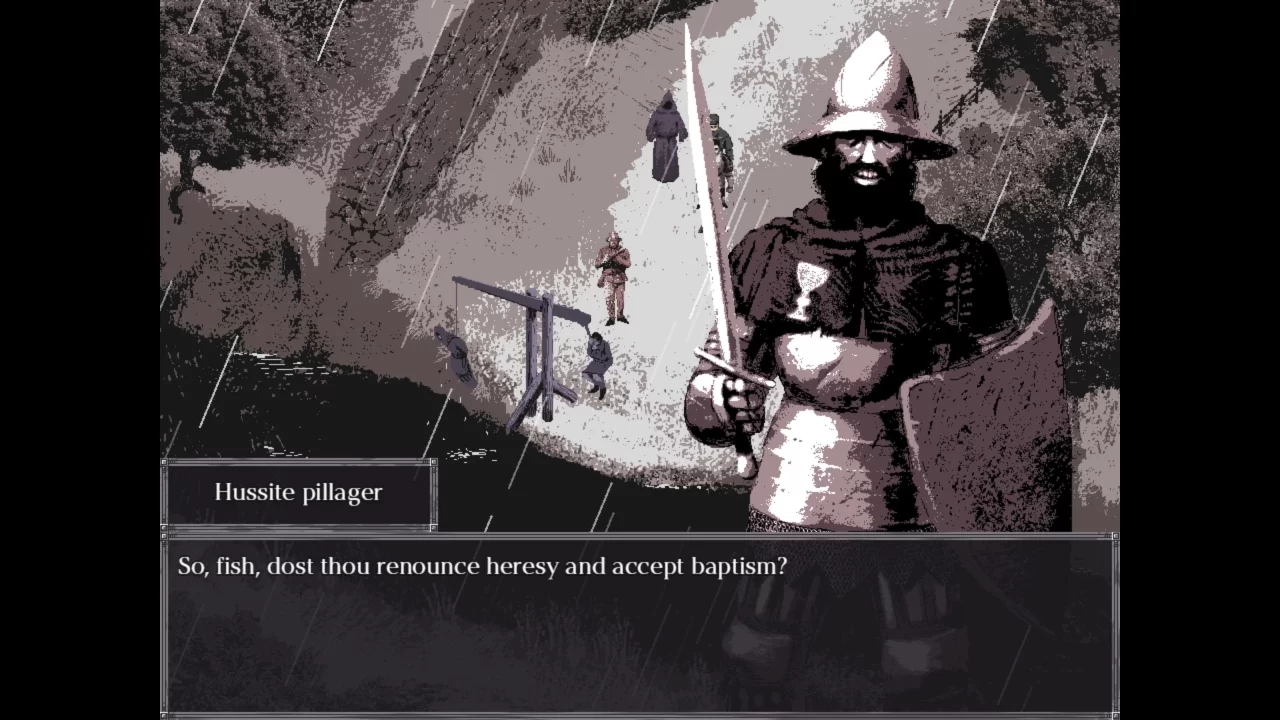 A Hussite pillager tortures a peasant into accepting baptism near a river in Felvidek. 