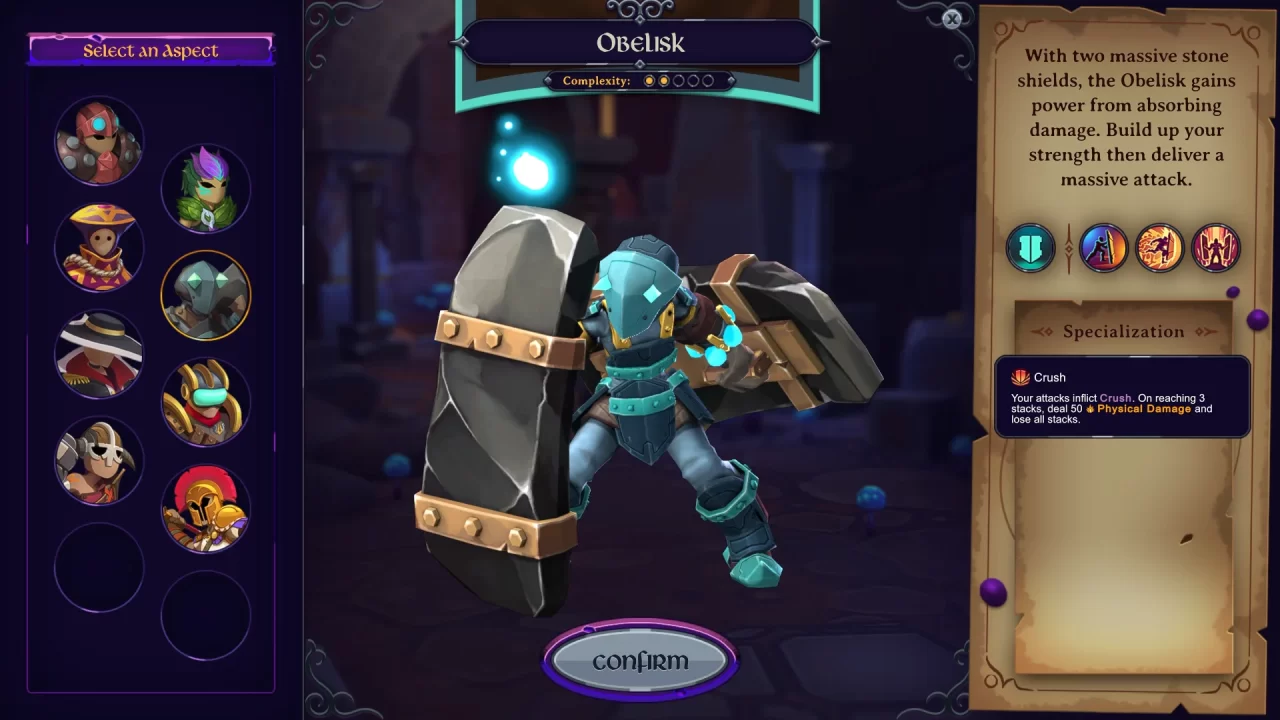 The stone-armored Obelisk aspect wielding two stone stab shields in Inkbound