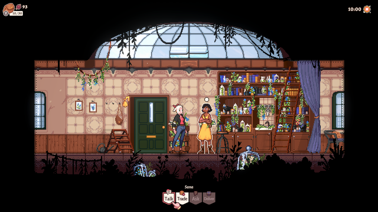 Two characters in a room filled with plants and books in Magical Delicacy