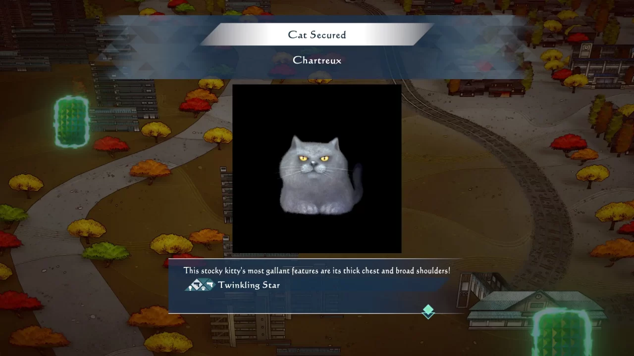 A painting of a Chartreux cat is diplayed over an autumn overworld. Text reads "This stocky kitty's most gallant features are its thick chest and broad shoulders!" in SaGa Emerald Beyond.