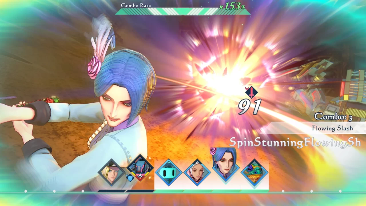 A blue-hair woman pauses, having dashed through a robotic enemy with her blade. The UI displays a timeline of character actions along with the name of the current attack "Flowing Slash" and the name of the current combo "SpinStunningFlowingSh" in SaGa Emerald Beyond.