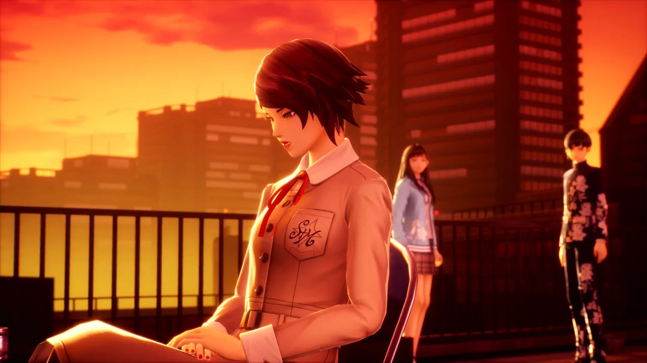 Yoko sits on a rooftop in her school uniform looking pensive.