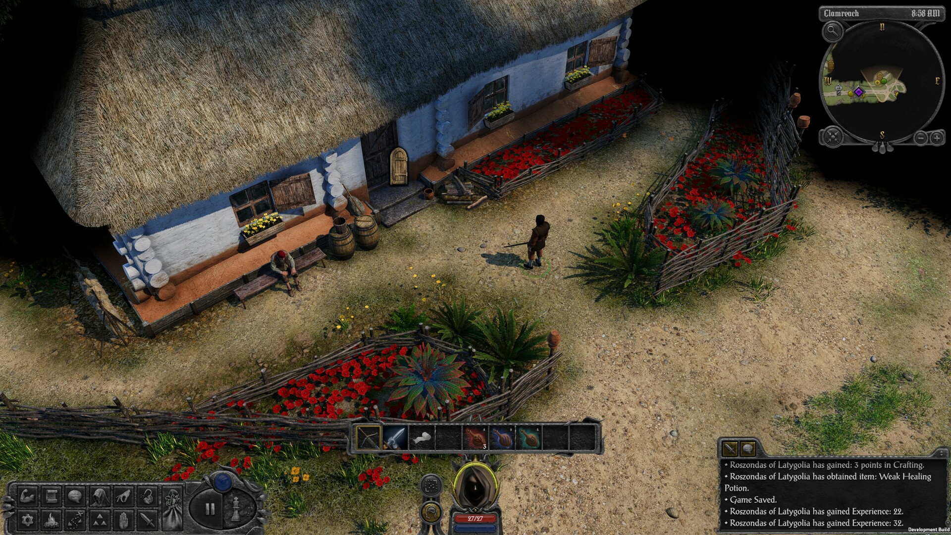 Swordhaven: Iron Conspiracy screenshot - Isometric view of a man standing in front of a quaint house.