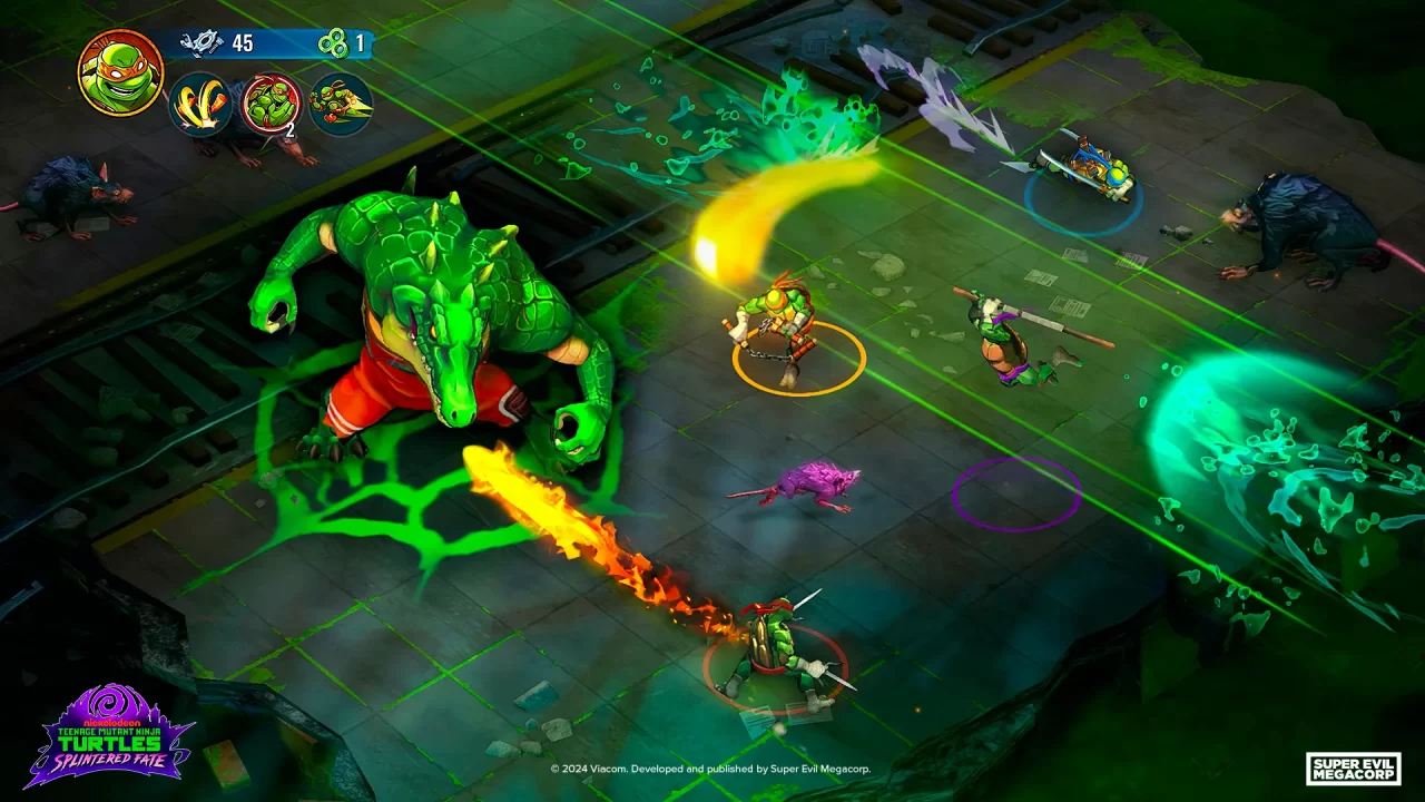 Humanoid turtles fight an alligator man in Teenage Mutant Ninja Turtles: Splintered Fate.