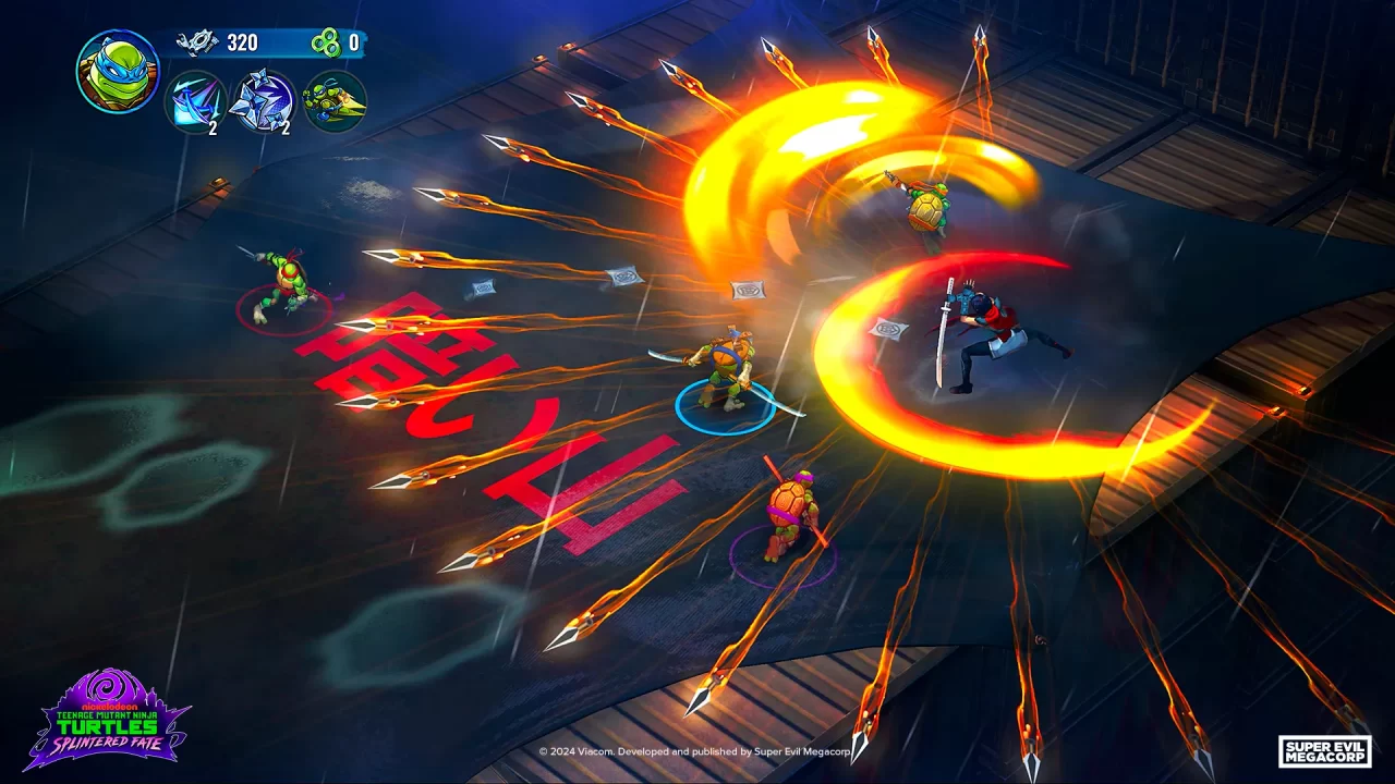 A character attacks with flying knives in Teenage Mutant Ninja Turtles: Splintered Fate.