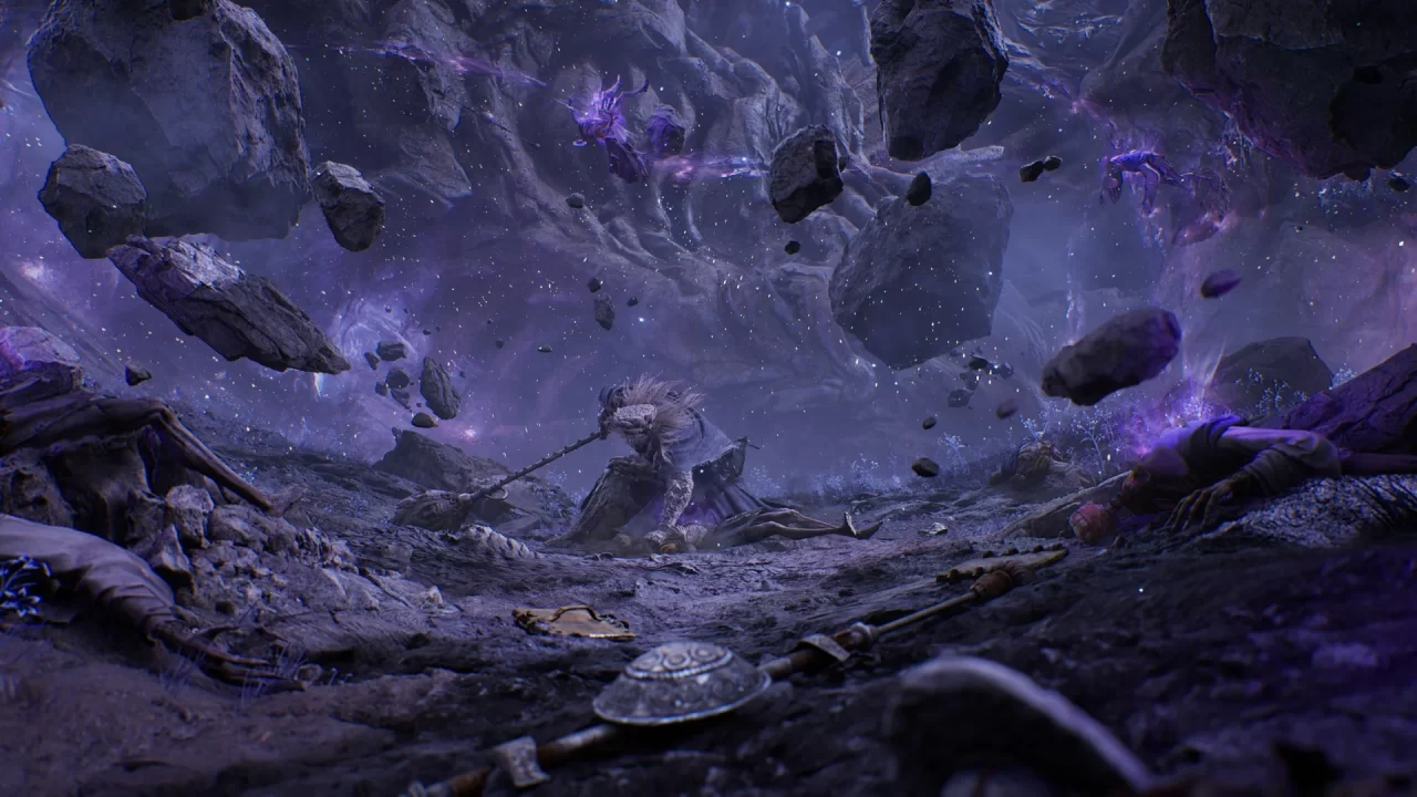 A mysterious warrior crouches in a rocky landscape surrounded by fallen bodies, floating rocks, and magical energy