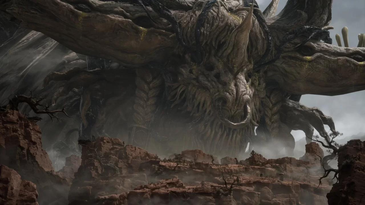 A tree-minotaur-like beast looms over red cliffs