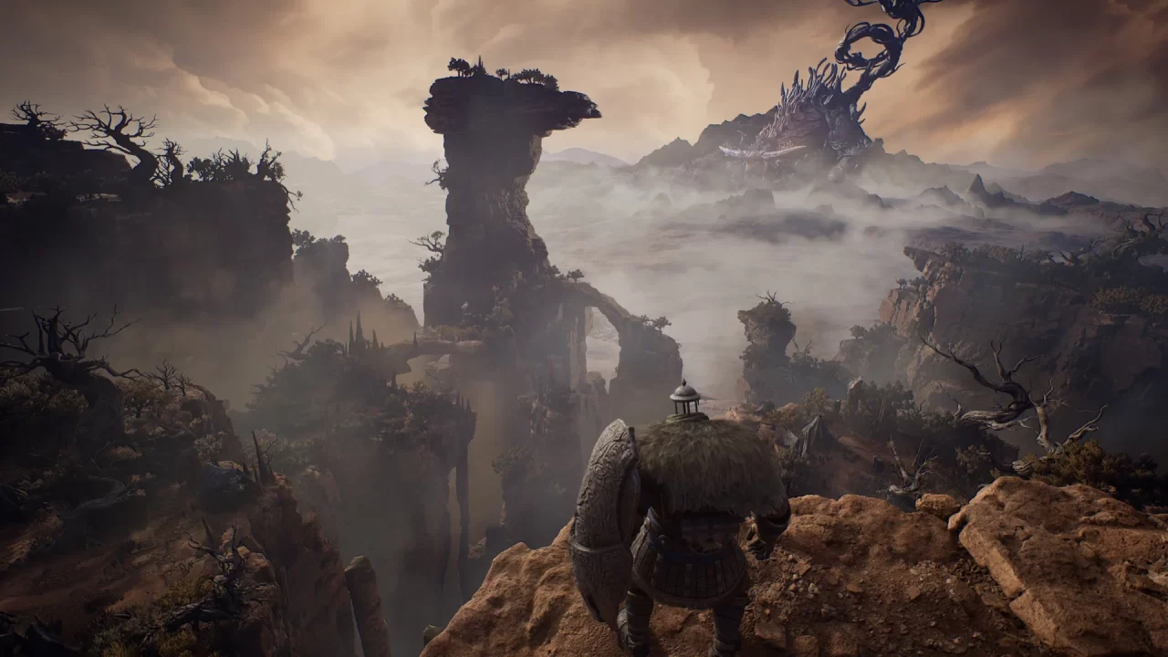 A furry bipedal creature with an arm-length stone shield surveys misty mountains in Ballad of Antara