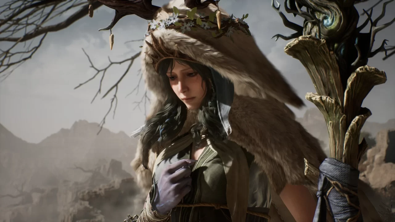 A character with feminine features, fur-lined robe, wooden staff, and monster-like claw looks pensive
