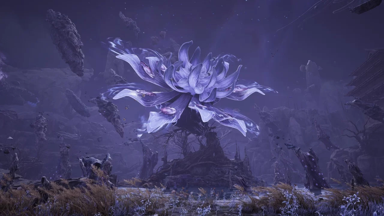 A massive blooming flower with crystal-like discs on its petals in a swamp