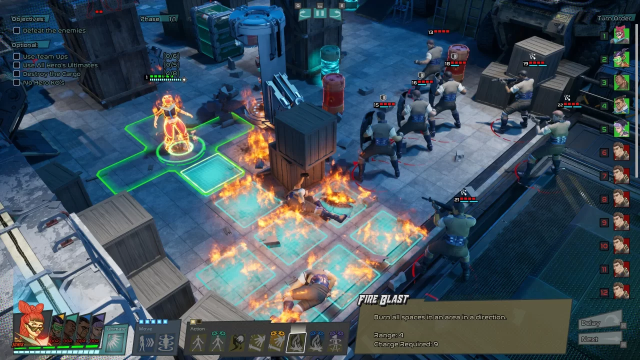 Battle map showing a hero setting the map alight with multiple enemies in sight.