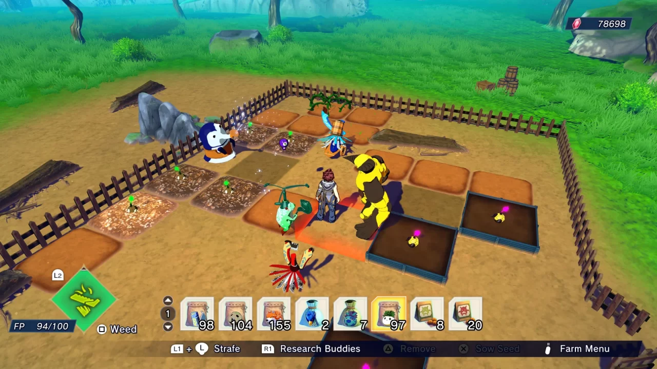 On the farm in Farmagia, with the player character surrounded by his farmed monsters.