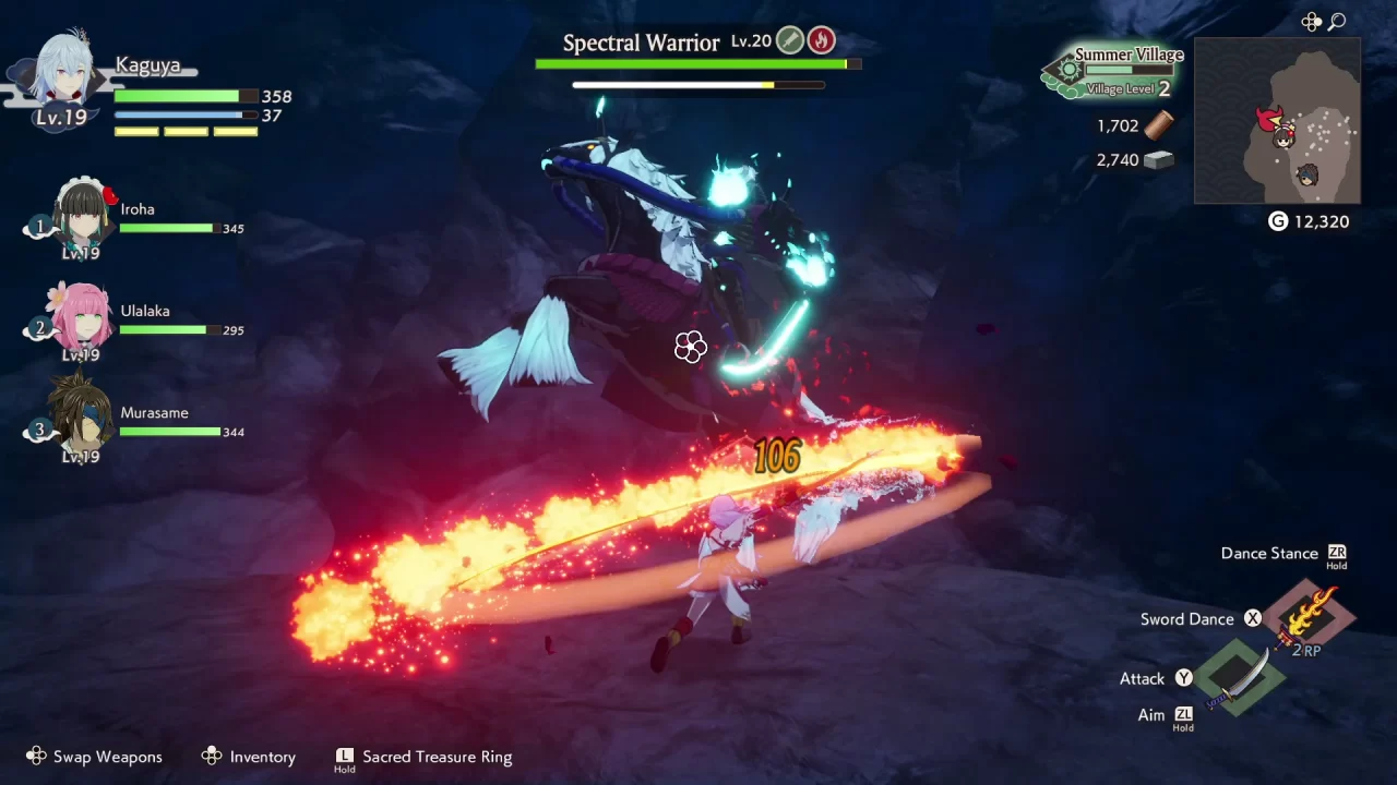 Swinging a flame sword at the Spectral Warrior - a ghostly figure on a horse - in a cavern.