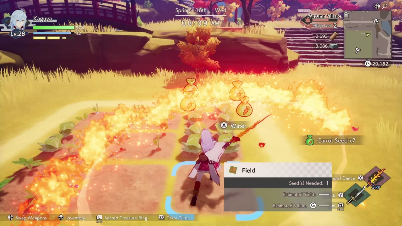 Using a flame sword to harvest crops.