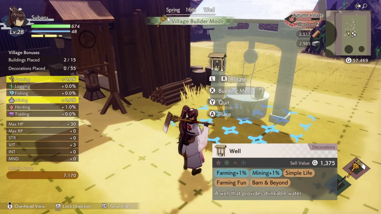 Rune Factory: Guardians of Azuma's grid-based guides for building positioning.