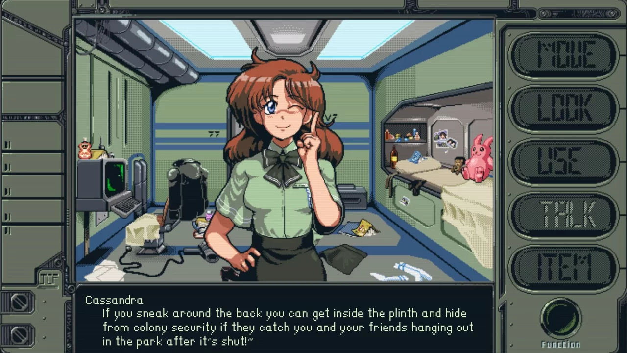 A red-haired woman winks towards the camera. Her room behind her is a total mess. 