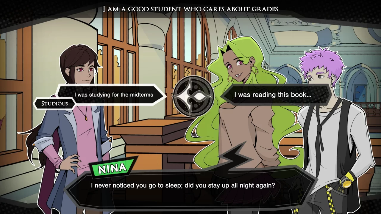 The protagonist about to make an important role-play decision while conversing with Nina and Soren in Arcadia Fallen II. Studying or leisure reading?!?