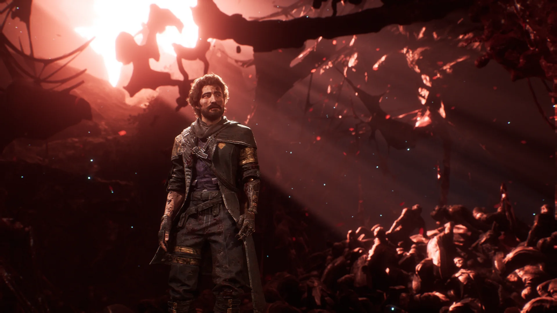 Screenshot of Gustave from Clair Obscur: Expedition 33 set amidst a ink-filled landscape tinged a mauve-red by the sun above.