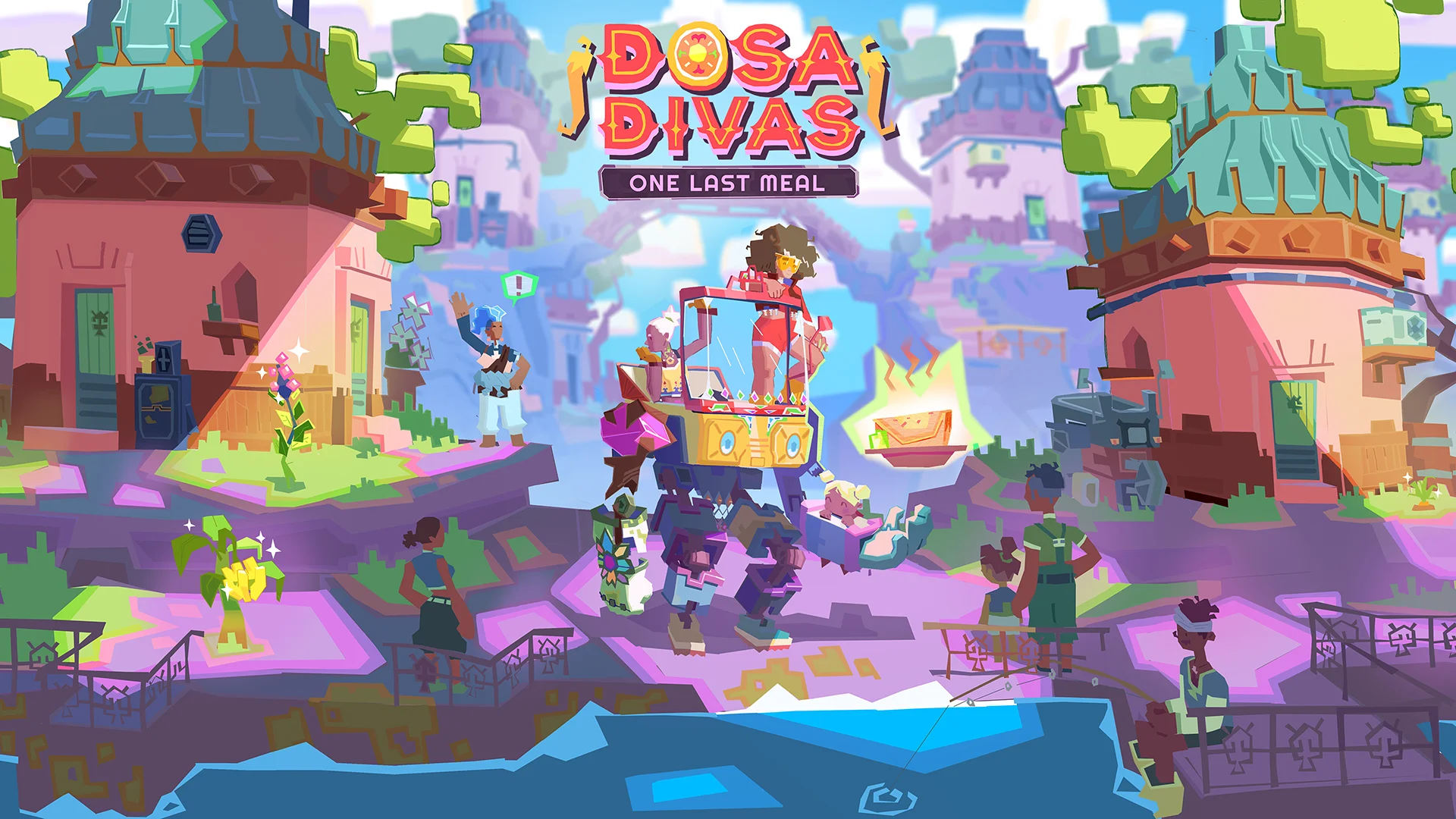 Dosa Divas cover art featuring the two main characters on a mech food cart serving dosas.