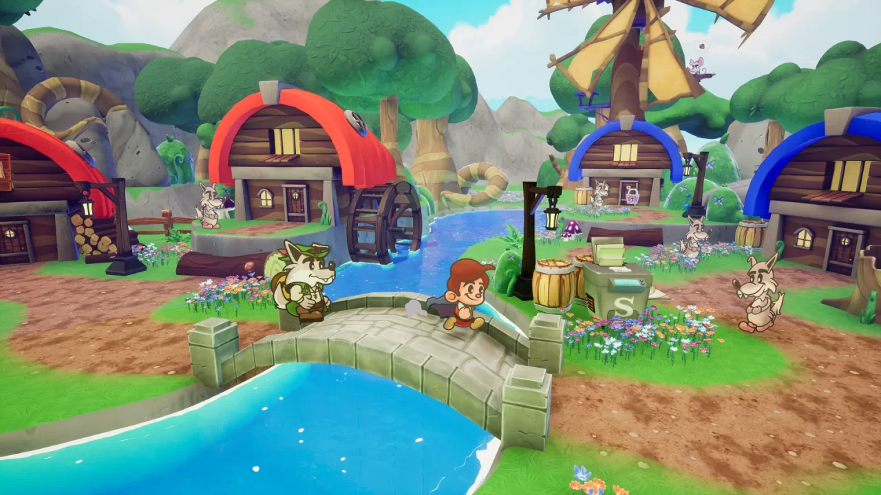 Screenshot of Escape From Ever After of characters crossing a stone bridge in a fairytale town