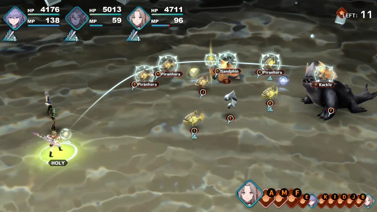 Leo, Valrika, and Kina fight several foes in the Dimengon Machine. Kina lines up a curved attack to hit multiple fish enemies.
