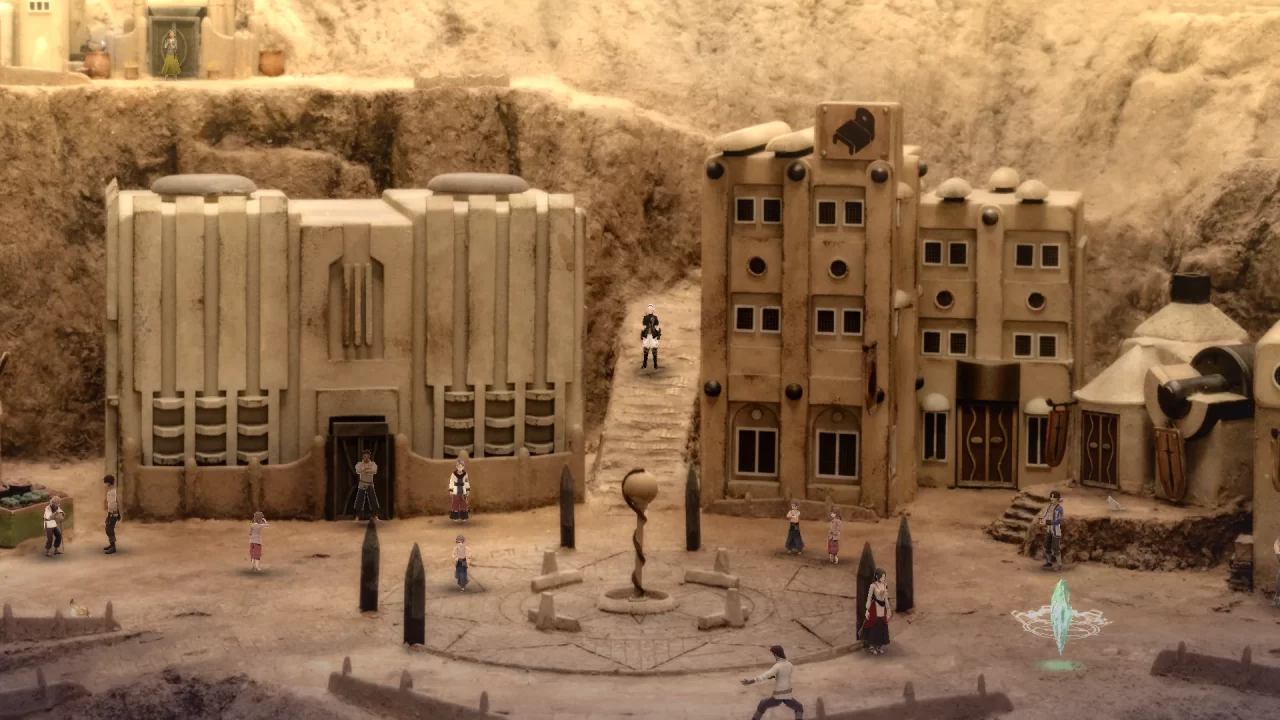 Leo stands in the quiet town of En, surrounded by brown stone buildings.