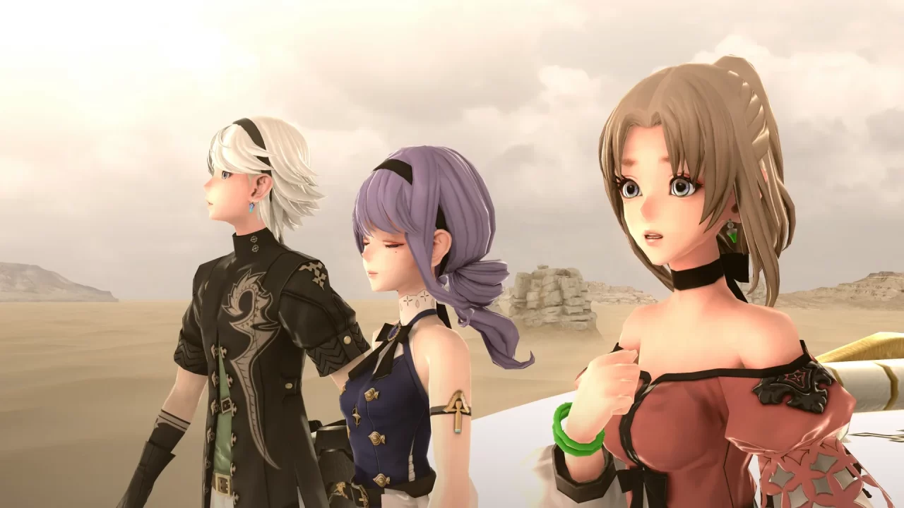 Leo, Cherly, and Kina look out upon a desert wasteland.