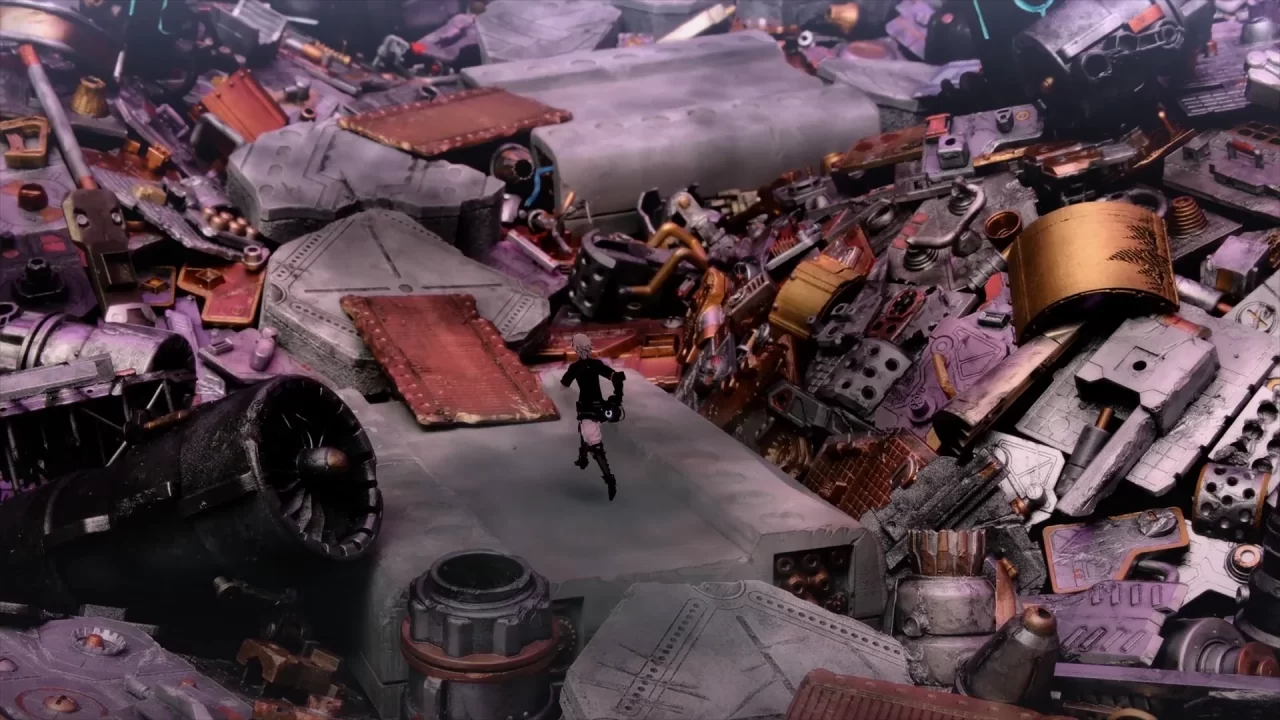 Leo explores a junkyard, rendered in Fantasian's signature diorama photograph style.