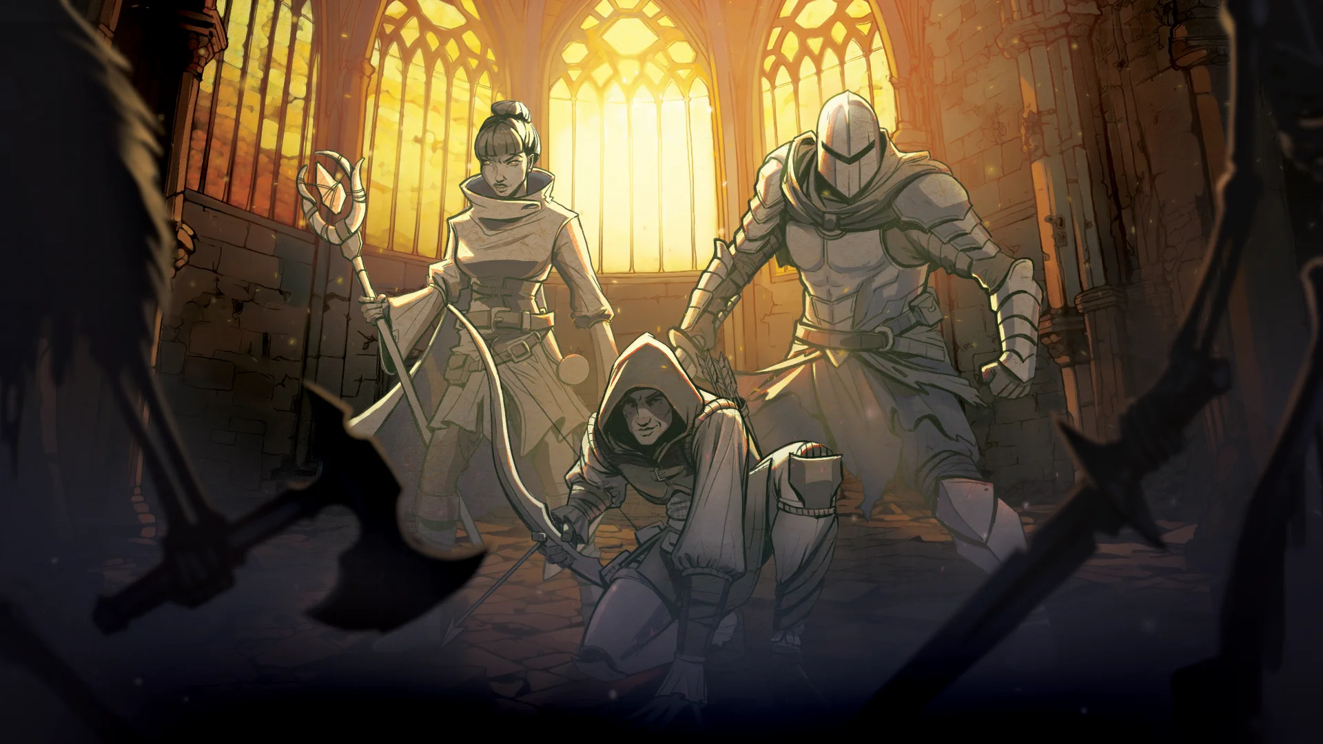 Knights in Tight Spaces art of an archer, mage, and knight squaring off against unseen foes