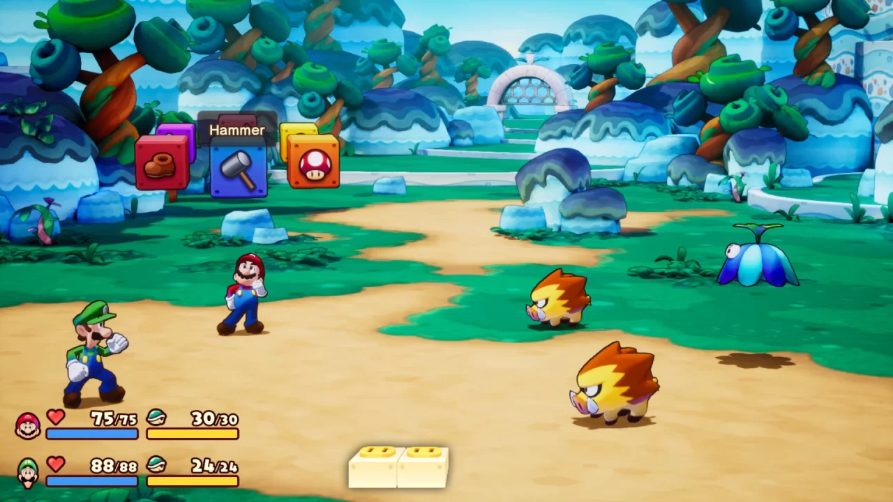 Mario and Luigi battling boars in Mario & Luigi Brothership. Mario pauses and considers using the hammer.