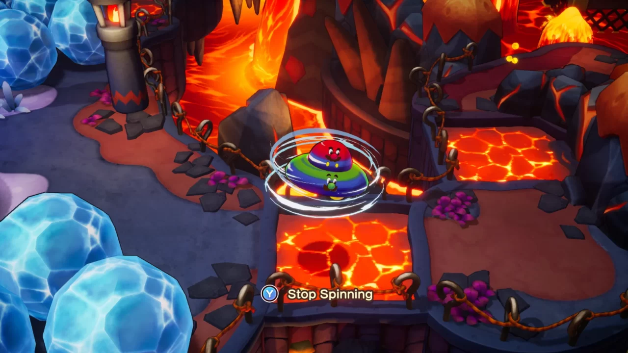 Mario and Luigi in UFO mode gliding over lava in Mario & Luigi Brothership. Press Y to stop spinning.
