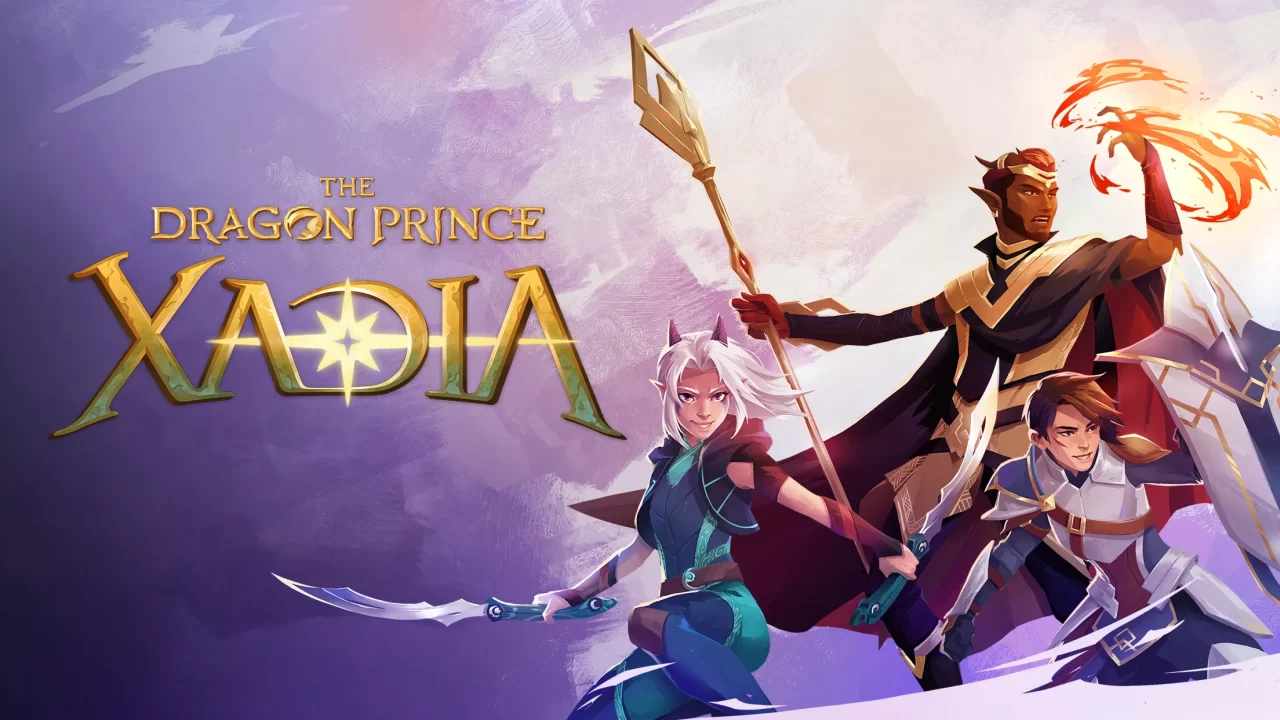 The Dragon Prince: Xadia logo and three title characters posing