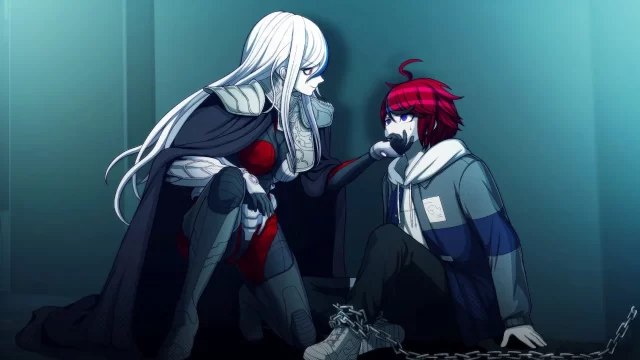 V’ehxness kneels over Takumi while caressing his face in The Hundred Line.