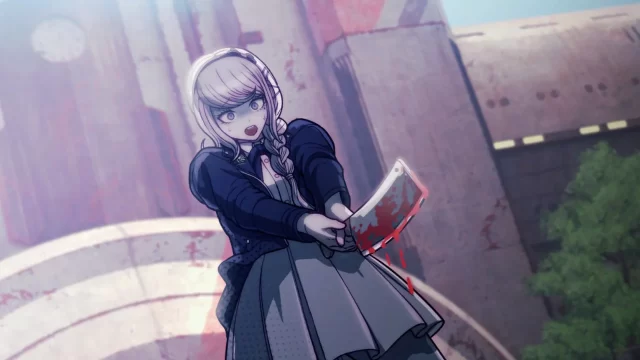 Nozomi brandishing a bloody cleaver, a shocked expression on her face, in The Hundred Line.