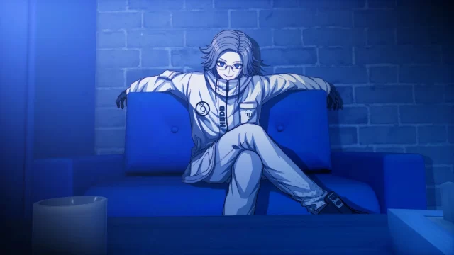 Eito sitting on a couch in Takumi's room, a mysterious blue tint lighting the scene, in The Hundred Line.