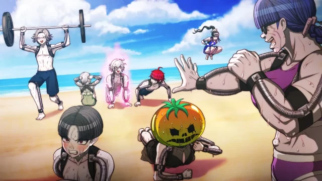 Takumi, Kyoshika, Moko, Kurara, Gaku, Eito, Nozomi, and the unnamed boy (listed clockwise) work out on the beach in training gear in The Hundred Line.