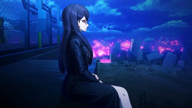 Hiruko sits on the edge of Last Defense Academy's roof, looking out into the distance in contemplation, in The Hundred Line.