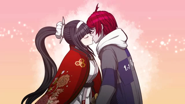 Kyoshika and Takumi kiss in front of a whimsical backdrop in The Hundred Line.