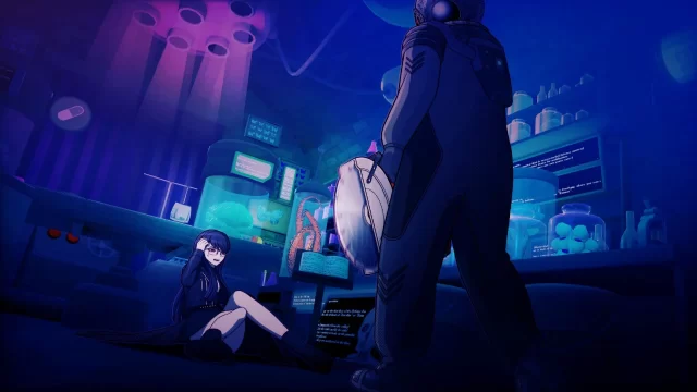 Hiruko is confronted by a mysterious individual in a suit bearing a power saw in The Hundred Line.
